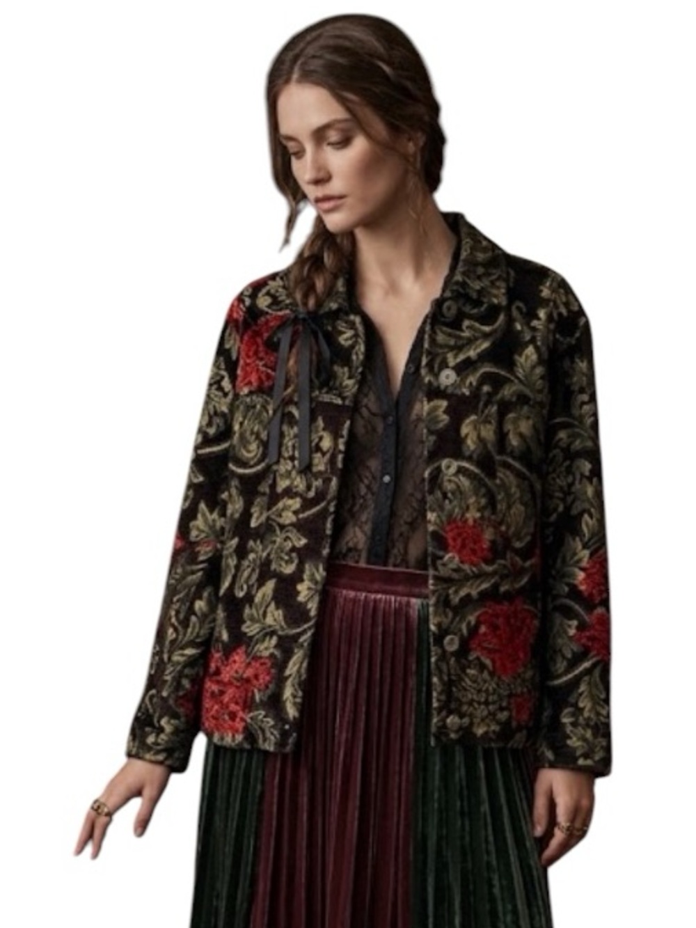 Chico's Vintage Tapestry Button-Up Jacket Black Moody Floral Sz M